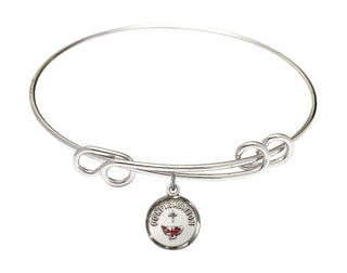 8 1/2 inch Round Double Loop Rhodium Bangle Bracelet with a Sterling Silver Confirmation charm. Engraved Catholic Saint Jewelry