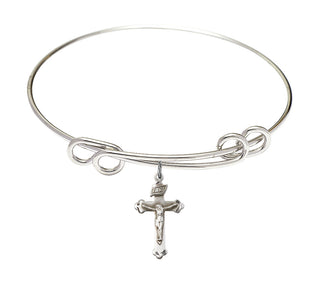 8 1/2 inch Round Double Loop Rhodium Bangle Bracelet with a Sterling Silver Crucifix charm.
