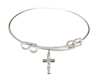 8 1/2 inch Round Double Loop Rhodium Bangle Bracelet with a Sterling Silver Cross charm.