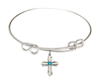 8 1/2 inch Round Double Loop Rhodium Bangle Bracelet with a Sterling Silver Cross charm.