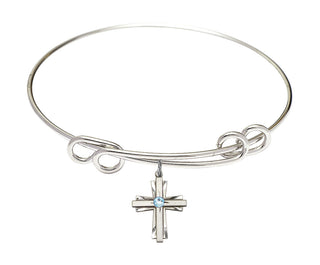 8 1/2 inch Round Double Loop Rhodium Bangle Bracelet with a Sterling Silver Cross charm.