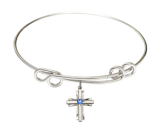 8 1/2 inch Round Double Loop Rhodium Bangle Bracelet with a Sterling Silver Cross charm.