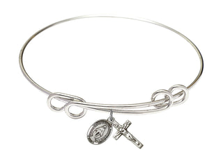 8 1/2 inch Round Double Loop Rhodium Bangle Bracelet with a Sterling Silver Miraculous charm.