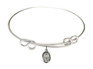 8 1/2 inch Round Double Loop Rhodium Bangle Bracelet with a Sterling Silver Miraculous charm.