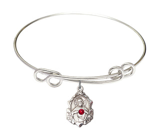 8 1/2 inch Round Double Loop Rhodium Bangle Bracelet with a Sterling Silver Scapular charm.