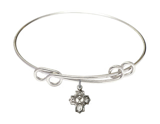8 1/2 inch Round Double Loop Rhodium Bangle Bracelet with a Sterling Silver Communion 5-Way charm.