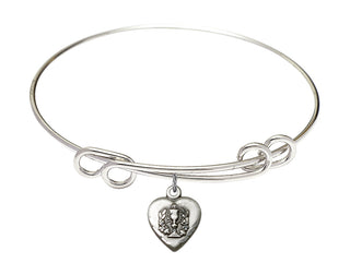 8 1/2 inch Round Double Loop Rhodium Bangle Bracelet with a Sterling Silver Heart / Communion charm.