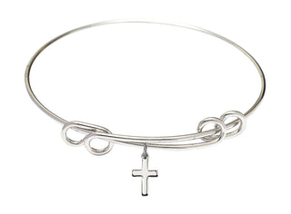 8 1/2 inch Round Double Loop Rhodium Bangle Bracelet with a Sterling Silver Cross charm.