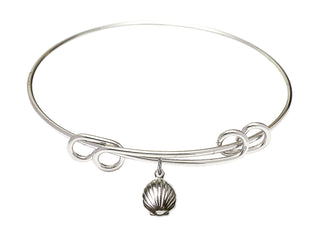 8 1/2 inch Round Double Loop Rhodium Bangle Bracelet with a Sterling Silver Shell charm.