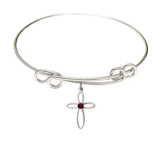 8 1/2 inch Round Double Loop Rhodium Bangle Bracelet with a Sterling Silver Loop Cross charm.