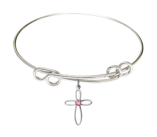 8 1/2 inch Round Double Loop Rhodium Bangle Bracelet with a Sterling Silver Loop Cross charm.