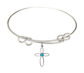 8 1/2 inch Round Double Loop Rhodium Bangle Bracelet with a Sterling Silver Loop Cross charm.