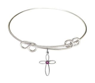 8 1/2 inch Round Double Loop Rhodium Bangle Bracelet with a Sterling Silver Loop Cross charm.