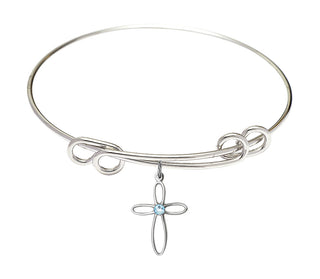 8 1/2 inch Round Double Loop Rhodium Bangle Bracelet with a Sterling Silver Loop Cross charm.