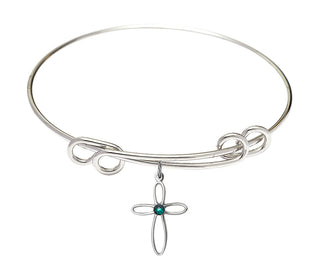 8 1/2 inch Round Double Loop Rhodium Bangle Bracelet with a Sterling Silver Loop Cross charm.