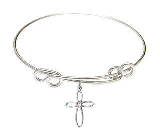 8 1/2 inch Round Double Loop Rhodium Bangle Bracelet with a Sterling Silver Loop Cross charm.