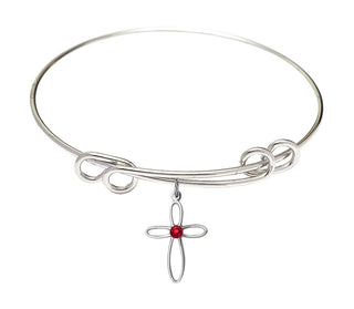 8 1/2 inch Round Double Loop Rhodium Bangle Bracelet with a Sterling Silver Loop Cross charm.
