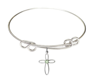 8 1/2 inch Round Double Loop Rhodium Bangle Bracelet with a Sterling Silver Loop Cross charm.
