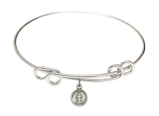 8 1/2 inch Round Double Loop Rhodium Bangle Bracelet with a Sterling Silver Miraculous charm.