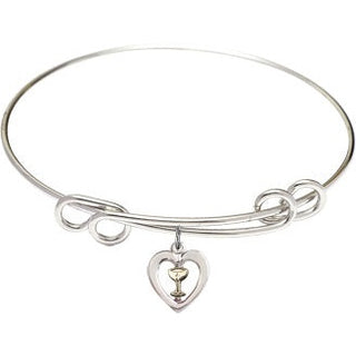 8 1/2 inch Round Double Loop Rhodium Bangle Bracelet with a Two-Tone SS/GF Heart / Chalice charm.