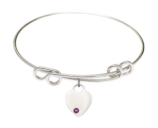 8 1/2 inch Round Double Loop Rhodium Bangle Bracelet with a Sterling Silver Heart charm. Engraved Catholic Saint Jewelry
