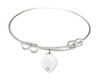 8 1/2 inch Round Double Loop Rhodium Bangle Bracelet with a Sterling Silver Heart charm. Engraved Catholic Saint Jewelry