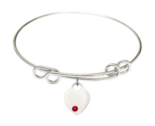8 1/2 inch Round Double Loop Rhodium Bangle Bracelet with a Sterling Silver Heart charm. Engraved Catholic Saint Jewelry