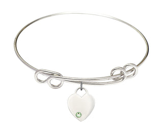 8 1/2 inch Round Double Loop Rhodium Bangle Bracelet with a Sterling Silver Heart charm. Engraved Catholic Saint Jewelry