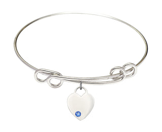 8 1/2 inch Round Double Loop Rhodium Bangle Bracelet with a Sterling Silver Heart charm. Engraved Catholic Saint Jewelry