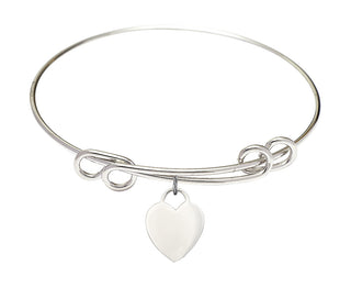 8 1/2 inch Round Double Loop Rhodium Bangle Bracelet with a Sterling Silver Heart charm. Engraved Catholic Saint Jewelry