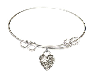 8 1/2 inch Round Double Loop Rhodium Bangle Bracelet with a Sterling Silver Graduation Heart charm. Engraved Catholic Saint Jewelry