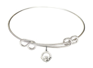 8 1/2 inch Round Double Loop Rhodium Bangle Bracelet with a Sterling Silver Claddagh charm.