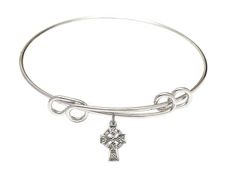 8 1/2 inch Round Double Loop Rhodium Bangle Bracelet with a Sterling Silver Celtic Cross charm.