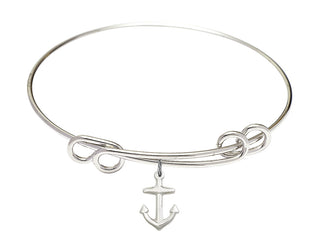 8 1/2 inch Round Double Loop Rhodium Bangle Bracelet with a Sterling Silver Anchor charm.