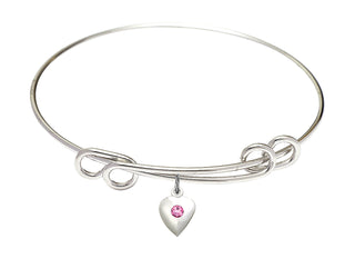 8 1/2 inch Round Double Loop Rhodium Bangle Bracelet with a Sterling Silver Heart charm.