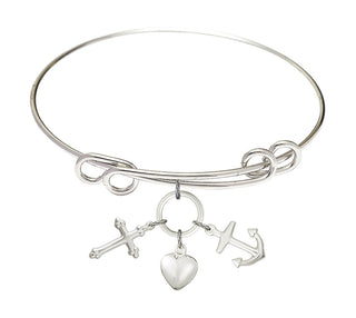 8 1/2 inch Round Double Loop Rhodium Bangle Bracelet with a Sterling Silver Cross Charm charm.