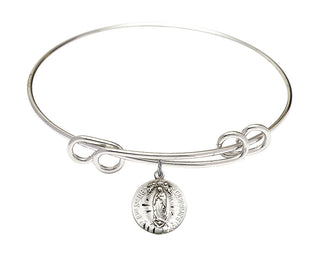 8 1/2 inch Round Double Loop Rhodium Bangle Bracelet with a Sterling Silver Our Lady of Guadalupe charm.