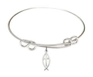 8 1/2 inch Round Double Loop Rhodium Bangle Bracelet with a Sterling Silver Fish / Cross charm.