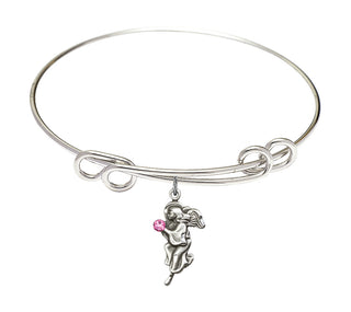 8 1/2 inch Round Double Loop Rhodium Bangle Bracelet with a Sterling Silver Guardian Angel charm.