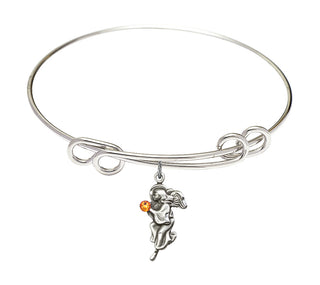 8 1/2 inch Round Double Loop Rhodium Bangle Bracelet with a Sterling Silver Guardian Angel charm.