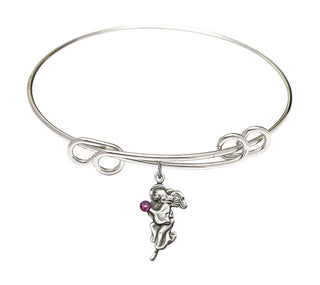 8 1/2 inch Round Double Loop Rhodium Bangle Bracelet with a Sterling Silver Guardian Angel charm.