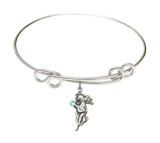 8 1/2 inch Round Double Loop Rhodium Bangle Bracelet with a Sterling Silver Guardian Angel charm.