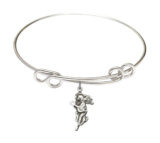 8 1/2 inch Round Double Loop Rhodium Bangle Bracelet with a Sterling Silver Guardian Angel charm.