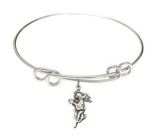 8 1/2 inch Round Double Loop Rhodium Bangle Bracelet with a Sterling Silver Guardian Angel charm.