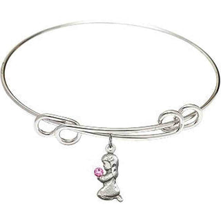 8 1/2 inch Round Double Loop Rhodium Bangle Bracelet with a Sterling Silver Praying Girl charm.