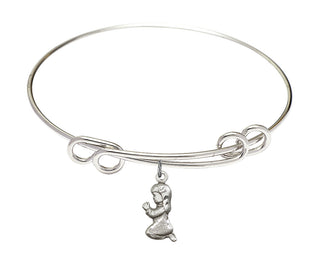 8 1/2 inch Round Double Loop Rhodium Bangle Bracelet with a Sterling Silver Praying Girl charm.