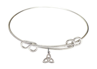 8 1/2 inch Round Double Loop Rhodium Bangle Bracelet with a Sterling Silver Trinity Irish Knot charm.