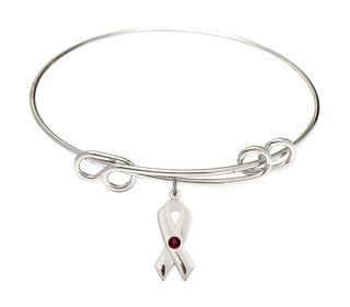 8 1/2 inch Round Double Loop Rhodium Bangle Bracelet with a Sterling Silver Cancer Awareness charm.