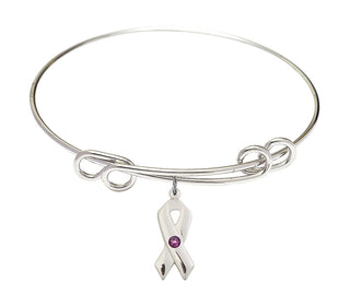 8 1/2 inch Round Double Loop Rhodium Bangle Bracelet with a Sterling Silver Cancer Awareness charm.