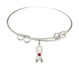 8 1/2 inch Round Double Loop Rhodium Bangle Bracelet with a Sterling Silver Cancer Awareness charm.